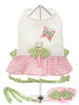 Butterfly Harness Dress, Lead & Hat - This adorable couture dress has a gathered pink gingham outer skirt and a green gingham tulle underskirt. We've adorned the waistline with little green gingham leaves, pink satin bows and embroidered a colourful butterfly on the body. It has a sturdy reinforced D-Ring and a double sized / double str...