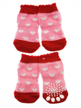 Pink / Red ''Glitter Hearts'' Pet Socks - These fun and functional doggie socks protect your dogs paws from mud, snow, ice, hot pavement, hot sand and other extreme weather. Made from 95% cotton & 5% spandex making them comfortable and secure. Each sock features a paw shaped anti-slip silica pad & help keep your house sanitary.
