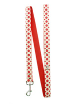 Red / White Polka Dot Glitter Silver Bone Lead - Leather lead with silver clip and a red & white polka dot glitter pattern, finished with a chrome bone.<ul><li><b>S</b> Width: 14mm</li><li><b>M</b> Width: 19mm</li><li><b>L</b> Width: 25mm</li><li>Lead Length: 1.08m / 48''</li></ul>