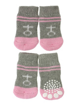 Grey / Pink ''Venus'' Pet Socks - These fun and functional doggie socks protect your dogs paws from mud, snow, ice, hot pavement, hot sand and other extreme weather. Made from 95% cotton and 5% spandex making them comfortable and secure. Each sock features a paw shaped anti-slip silica pad and help keep your house sanitary. (set of...
