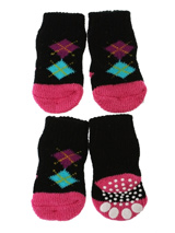 Black / Pink Argyle Pet Socks - These fun and functional doggie socks protect your dogs paws from mud, snow, ice, hot pavement, hot sand and other extreme weather. Made from 95% cotton and 5% spandex making them comfortable and secure. Each sock features a paw shaped anti-slip silica pad and help keep your house sanitary.