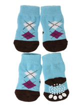 Blue / Black Argyle Pet Socks - These fun and functional doggie socks protect your dogs paws from mud, snow, ice, hot pavement, hot sand and other extreme weather. Made from 95% cotton and 5% spandex making them comfortable and secure. Each sock features a paw shaped anti-slip silica pad and help keep your house sanitary.