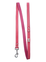 Hot Pink Polka Dot Lead - Sparkling Bling Polka Dot Lead. This pink leather lead has asilver clip finished with a sparkling diamante bone.S Width: 14mmM Width: 19mmL Width: 25mm