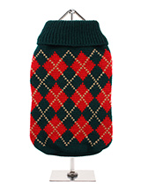 Red & Dark Green Argyle Sweater - Knitted dark green sweater with a red and gold diamond pattern. The Argyle pattern has seen a resurgence in popularity in the last few years due to its adoption by Stuart Stockdale in collections produced by luxury clothing manufacturer, Pringle of Scotland. The rich Scottish heritage will give your...