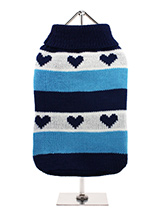 Blue Hearts Striped Sweater - A beautiful striped turtle neck sweater inlaid with hearts that say I love you. Cover up in style with this sweater that will keep the cold at bay and keep the wearer comfortable and snug on cold days and even colder nights.