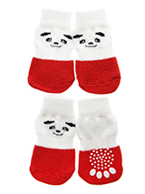 Red / White Panda Pet Socks - These fun and functional doggie socks protect your dogs paws from mud, snow, ice, hot pavement, hot sand and other extreme weather. Made from 95% cotton & 5% spandex making them comfortable and secure. Each sock features a paw shaped anti-slip silica pad & help keep your house sanitary. (set of 4).