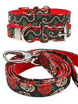 Skull & Roses Fabric Collar & Lead Set - Lets get, lets get rocked with our tattoo inspired Skull & Roses collar & lead set. It is lightweight and incredibly strong. The collar has been finished with chrome detailing including the eyelets and tip of the collar. A matching lead, harness and bandana are available to purchase separately. You...