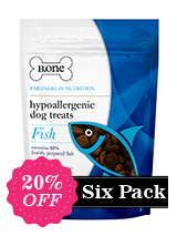 Six Pack - 80% Freshly Prepared Fish Hypoallergenic Dog Treats (6 x 200g packs) - B.one hypoallergenic bites are no ordinary dog treats. We avoid ingredients that are known to cause allergies and itching such as grains, cereals, artificial flavourings and colourings to produce a tasty hypoallergenic treat. Our recipe has been formulated with Europe's leading nutritionists to ensu...