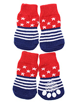 Stars & Stripes Pet Socks - These fun and functional doggie socks protect your dogs paws from mud, snow, ice, hot pavement, hot sand and other extreme weather. Made from 95% cotton & 5% spandex making them comfortable and secure. Each sock features a paw shaped anti-slip silica pad & help keep your house sanitary. (set of 4).