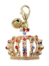 Crown Jewels Dog Collar Charm in Gold - Designed in the style of the crowns of the Imperial Russian Court this beautiful charm features green, blue, red and pink  diamanté crystals set in gold alloy. This is an accessory fit for royalty. It also has a little silver bell that lets you know when you dog is the move. You can't much more blin...