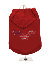 GlamourGlitz American Eagle Dog Hoodie - Exclusive GlamourGlitz 100% Cotton Hoodie. Embellished with a soaring American Eagle, the National Emblem and crafted with Red, Silver and Blue Rhinestuds that catch a sparkle in the light. Wear on it's own or match with a GlamourGlitz ''<b>Mommy & Me</b>'' Women's T-Shirt to complete the look.