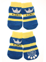 Blue / Yellow ''King'' Pet Socks - These fun and functional doggie socks protect your dogs paws from mud, snow, ice, hot pavement, hot sand and other extreme weather. Made from 95% cotton & 5% spandex making them comfortable and secure. Each sock features a paw shaped anti-slip silica pad & help keep your house sanitary. (set of 4).