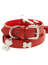 Red Leather Diamante Collar / Diamante Bone Charm & Lead Set - Sparkling Bling Collar & Lead Set. This textured red leather collar with a stitched edging has a crystal encrusted buckle with three large / bling sparkling diamante bones and a large sparkling diamante charm complete the look. A glamorous addition to the wardrobe of any trendy pooch. Matching lead...