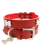 Red Leather Diamante Collar & Diamante Bone Charm - Sparkling Bling Collar! This textured red leather collar with a stitched edging has a crystal encrusted buckle with three large / bling sparkling diamante bones and a large sparkling diamante charm complete the look. A glamorous addition to the wardrobe of any trendy pooch.<ul><li><b>S</b> Width: 14...