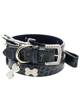 Blue Crocodile Leather Diamante Collar / Diamante Bone Charm & Lead Set - Sparkling Bling Collar & Lead Set. This crocodile textured blue leather collar with a stitched edging has a crystal encrusted buckle with three large / bling sparkling diamante bones and a large sparkling diamante charm complete the look. A glamorous addition to the wardrobe of any trendy pooch. Mat...