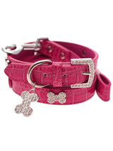 Bruiser's Legally Blonde Pink Leather Diamante Collar / Diamante Bone Charm & Lead Set - The Crocodile Pink Daimante Collar as worn by Bruiser the Chihuahua in Legally Blonde The Musical, currently starring in theatres right around the UK and Ireland.The Bruiser Crocodile Pink Diamante Collar has a crystal encrusted buckle with three sparkling diamante studded silver bones and a sparkli...
