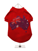 Australia Flag GlamourGlitz Dog T-Shirt - Exclusive GlamourGlitz 100% Cotton Dog T-Shirt. A full Australian Flag design crafted with Red, Silver & Blue Rhinestuds that catch a sparkle in the light. Wear on it's own or match with a GlamourGlitz ''<b>Mommy & Me</b>'' Women's T-Shirt to complete the look.